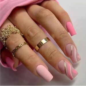 24 piece Pink Striped Heart Print Square Press on Nails